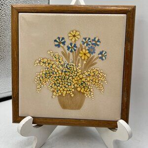 CISA Sassuolo Vintage Italian Tile Trivet floral tan blue yellow